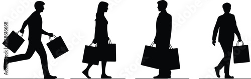 Silhouettes of Shoppers Carrying Bags – Walking, Standing, Brisk Motion Depicted in Vector Set of Urban Shopping Characters