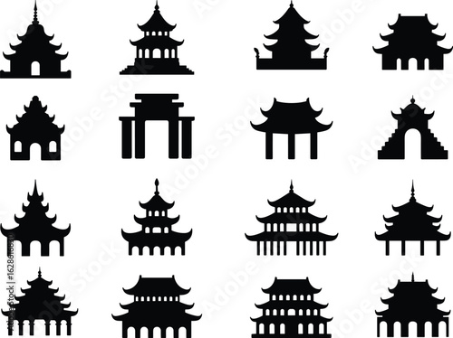 Traditional Asian architecture silhouette set featuring temples, pagodas, and gates, perfect for heritage design, tourism, culture illustration themes