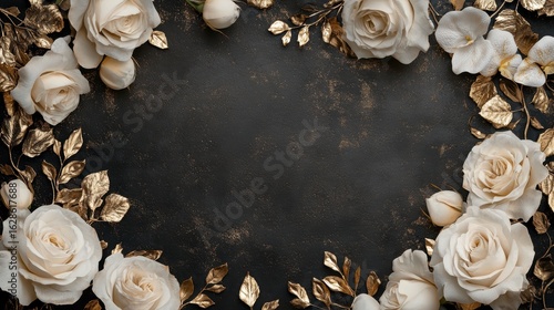 Elegant frame of cream roses and gold leaves on dark background.