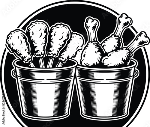 Fried Chicken Bucket Vector, Crispy Drumstick Fast Food Illustration.