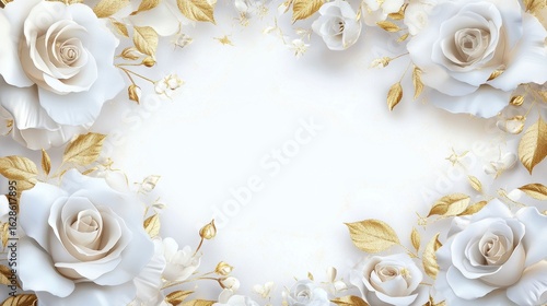 Elegant white roses and gold leaves frame on white background.