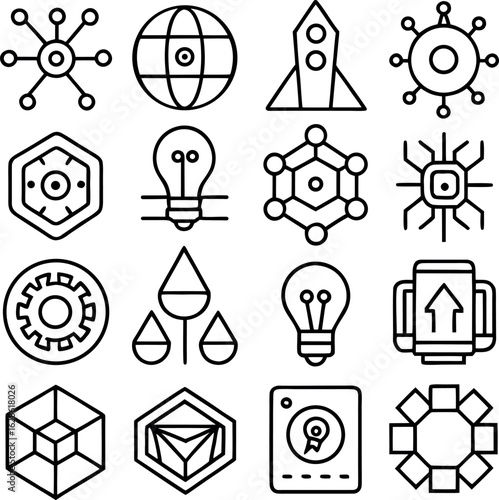 Collection of technology and innovation icons isolated on white background