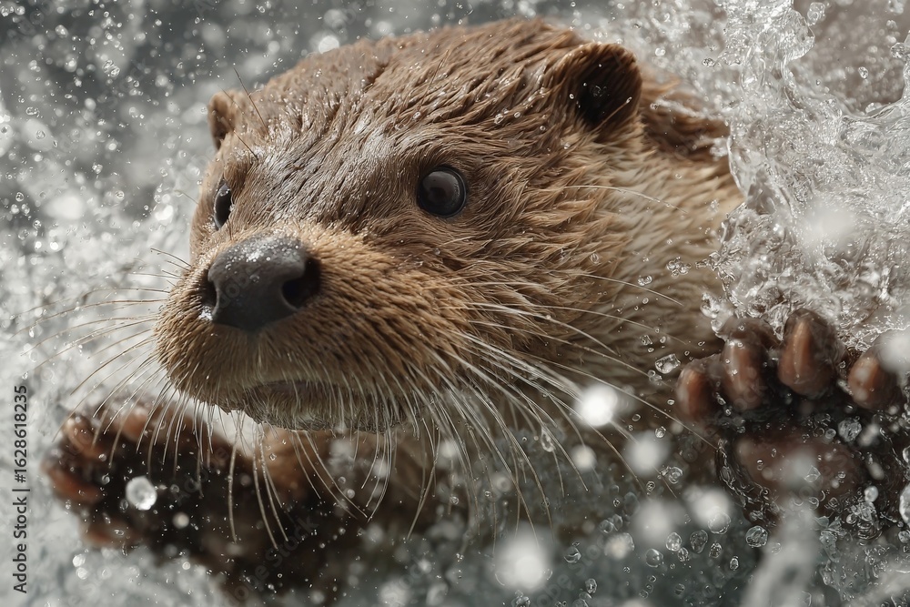 Playful otter leaps through water, creating splashes during sunny day near riverbank in a natural habitat Playful otter leaps through water, creating splashes during sunny day near riverbank in a natural habitat