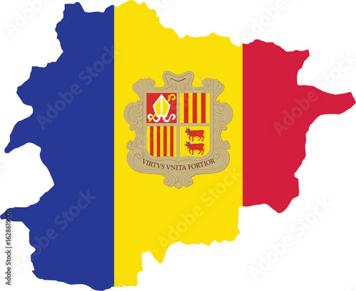 Andorran national flag design integrated into country map, blue yellow red stripes