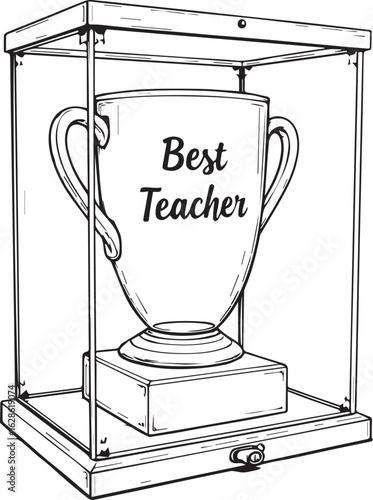 Best Teacher Trophy: A finely crafted trophy, engraved with the words Best Teacher, rests in a protective glass display case.