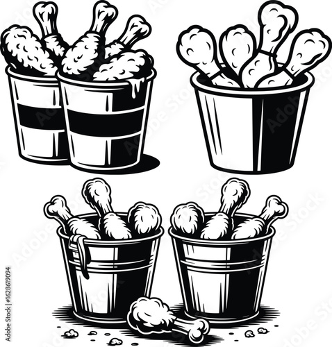 Fried Chicken Bucket Set, Vintage Fast Food Vector Collection.
