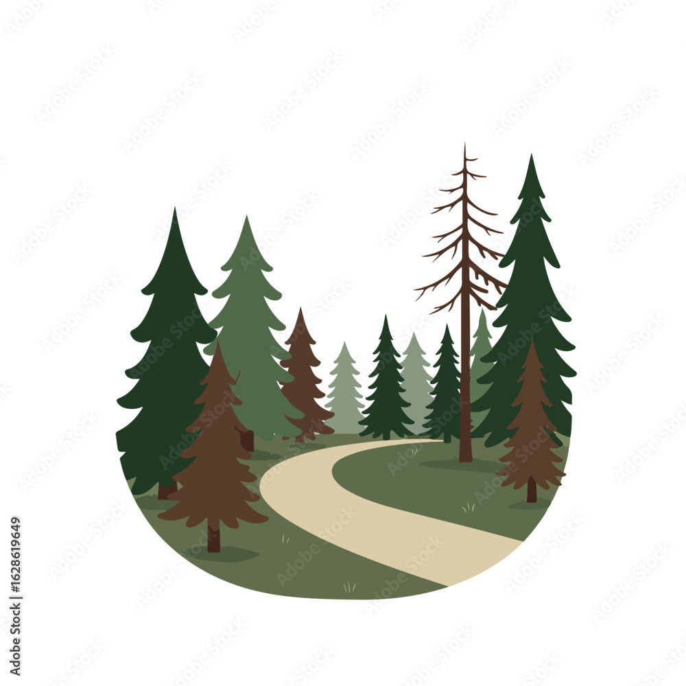Obraz premium Circular vector of pine woods with natural trail, showcasing scenic wilderness and adventure vibes for eco-friendly badge design