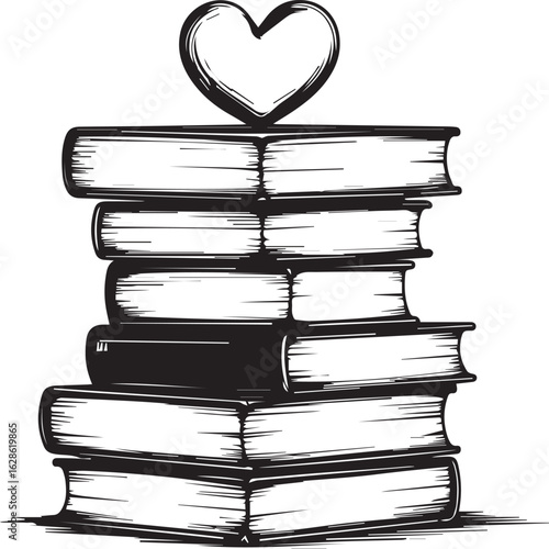 Love for literature: A stack of beloved books, each a portal to a new world, crowned with a heart.