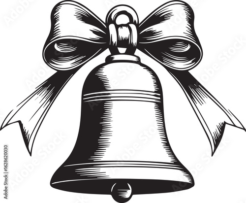 Festive Bell Icon: A classic, monochrome depiction of a decorative bell with a gracefully tied bow, perfect for conveying sentiments of celebration, announcement, or heraldry.