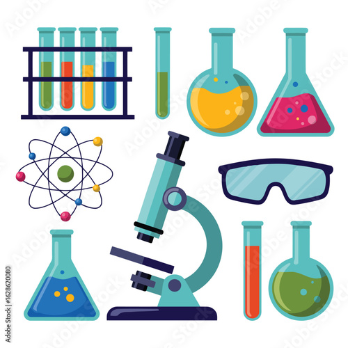 Vector illustration of Science Lab Equipment: Microscope, Flasks, Test Tubes, Atom Model – Colorful Vector Illustration