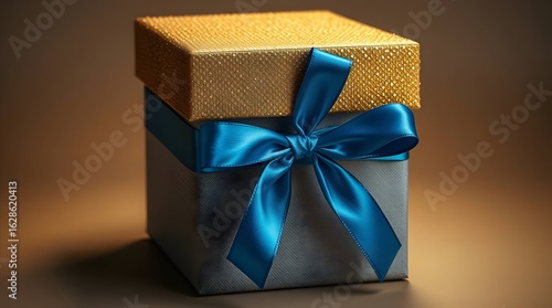 Luxury Fabric Gift Box with Golden Lid and Blue Satin Ribbon on Beige Background