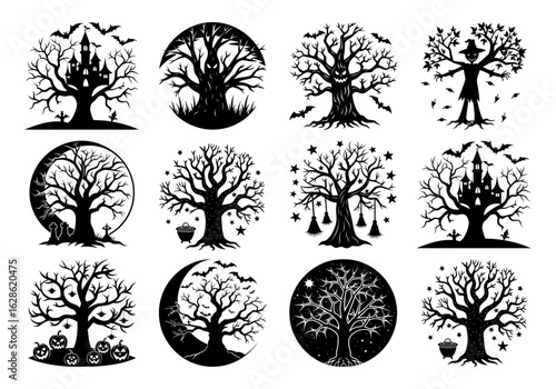 Vector art of set of Halloween spooky tree silhouettes with haunted castles, pumpkins, bats, and a witch, isolated on white background