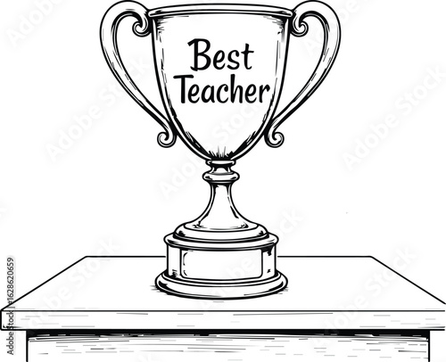 Best Teacher Trophy on Display: An illustrated trophy proudly proclaims Best Teacher, placed on a table, symbolizing recognition and appreciation in education.