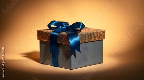 Luxury Fabric Gift Box with Golden Lid and Blue Satin Ribbon on Beige Background