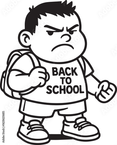 Back to School Grumpy Kid: A cartoon illustration depicts a disgruntled child with a backpack, embodying the mixed emotions and reluctance associated with returning to education. 