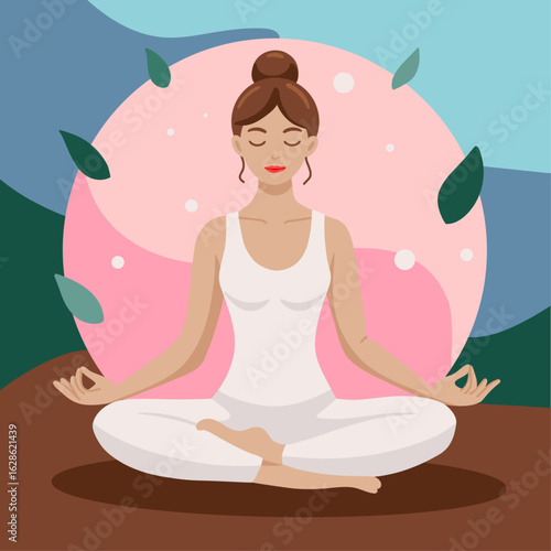 Vector Illustration of Fitness Girl Practicing Yoga in Natural Background