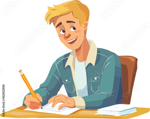 Enthusiastic Student Deep in Thought while Writing at Desk a Charming Cartoon Illustration of Youthful Learning