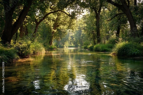 Tranquil river flows through lush forest under soft sunlight in a serene natural setting