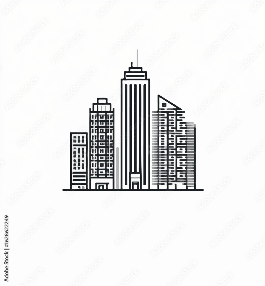 Obraz premium Minimalist cityscape illustration of modern skyscrapers against a white background perfect for urban design and architectural concepts in graphic design