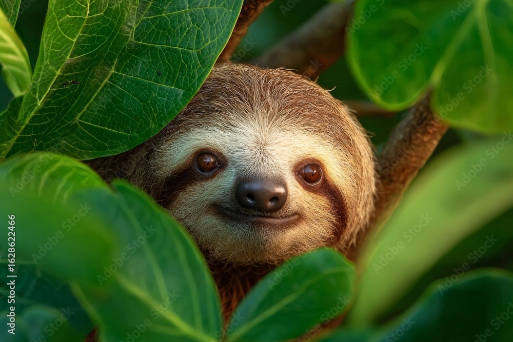 Fototapeta premium Sloth peeking through lush green leaves in a tropical forest during daytime