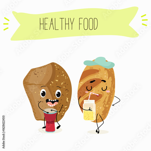 Baked food funny characters, hand drawn vector illustration.