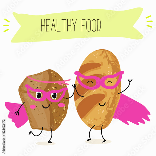 Baked food funny characters, hand drawn vector illustration.