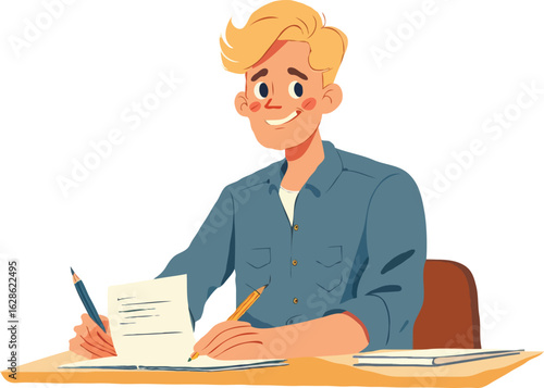 A Cheerful Student Writing Diligently At His Desk Concentrating On His Work With a Gleaming Smile And Focus