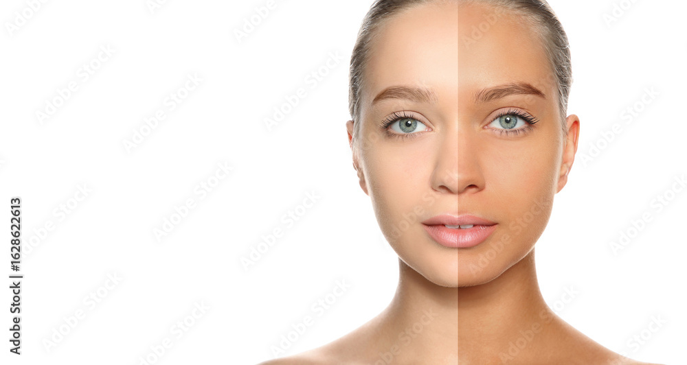 Fototapeta premium Before and after suntanning. Photo of woman divided into halves on white background. Banner design with space for text