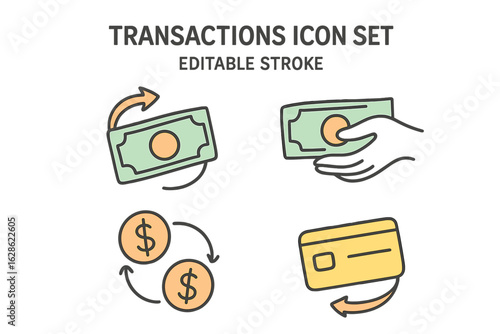 Collection of transaction icons showing money exchange and payment methods in a simple design style