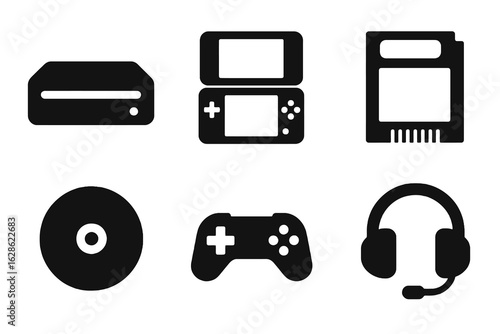 Black and white filled icons of gaming consoles and accessories including retro controller and handheld device. Perfect for UI packs and stock illustrations.