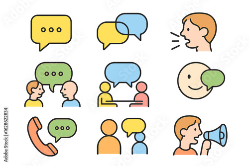 Communication icons representing conversation and interaction in various forms