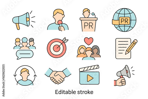 Exploring public relations concepts through various icons representing communication, strategy, and engagement