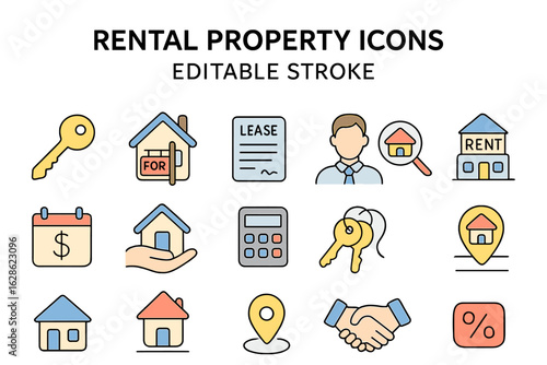 Various icons representing rental property concepts designed for real estate and leasing applications