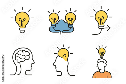 Creative concepts illustrated with light bulbs and heads representing ideas and inspiration in a minimalist style