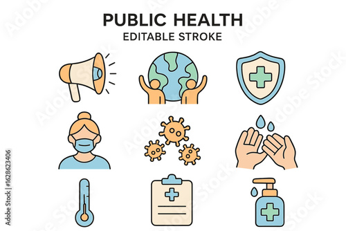 Public health symbols depicting safety measures and awareness in a healthcare context