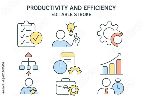 Visual representation of productivity and efficiency concepts with icons illustrating various related activities and tools