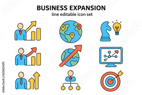 Business expansion concepts illustrated with icons representing growth, strategy, and global reach in a colorful design