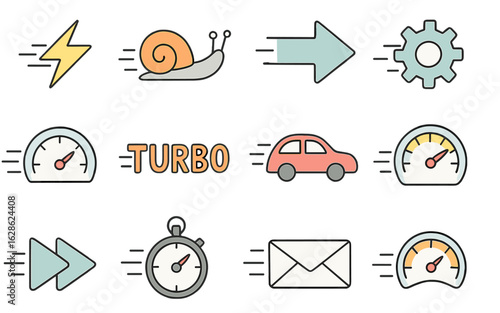 Illustrative symbols depicting speed variations and progress from slow to fast in a creative design