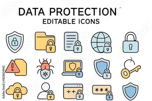 Collection of editable icons representing data protection concepts and security measures in a colorful design