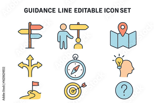 Collection of editable guidance icons illustrating navigation and direction concepts