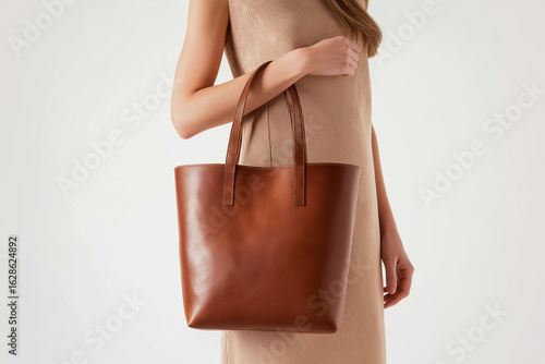 Woman holding brown leather tote bag on white background