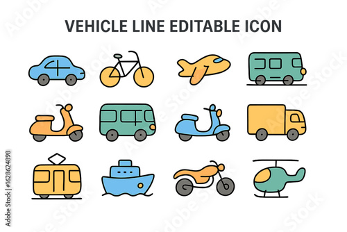 Various vehicle icons displayed in a clean layout showcasing different modes of transportation in a simplistic design