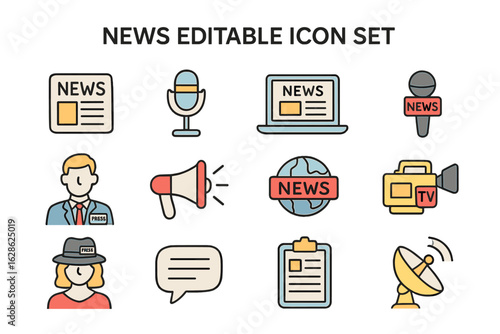 News themed icon set featuring various media elements such as microphones, headlines, and reporters arranged in a grid pattern