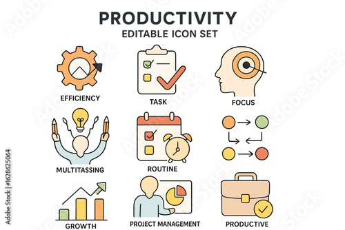 Explore various elements of productivity through engaging icons representing efficiency, focus, and project management concepts