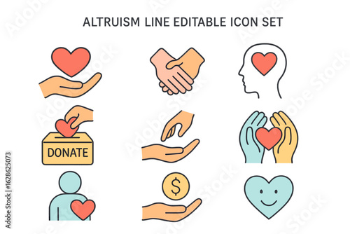 Altruism icon set depicting acts of kindness, donation, and caring gestures for community support and compassion