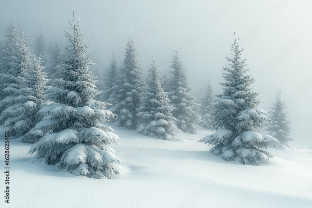 Fototapeta premium Snow-covered trees in a wintry landscape.