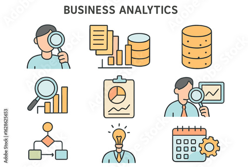 Business analytics concepts illustrated through colorful icons representing data analysis and visualization techniques