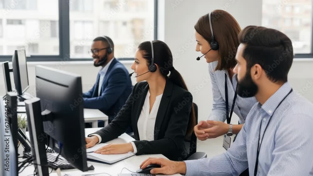 A diverse team of customer service representatives wearing headsets collaborates at a modern office workspace focusing on computer screens while a supervisor provides guidance with cityscape visible o A diverse team of customer service representatives wearing headsets collaborates at a modern office workspace focusing on computer screens while a supervisor provides guidance with cityscape visible o