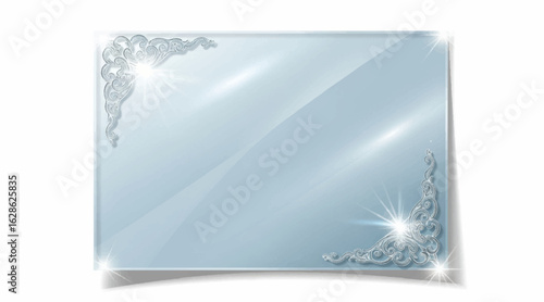Elegant Blue Glass Rectangle Vector Frame with Ornate Silver Corners and Reflections