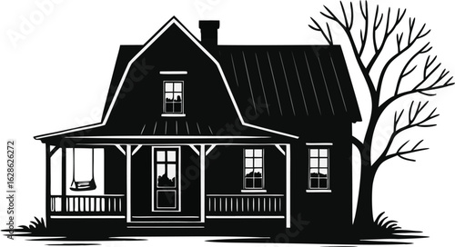Black and White Silhouette of Rustic Farmhouse